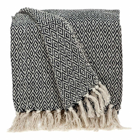Boho Black and Beige Woven Diamond Pattern Throw with Tassels - Homeroots - Flyclothing LLC