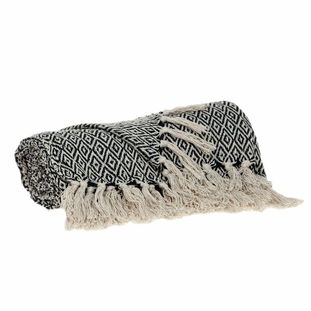 Boho Black and Beige Woven Diamond Pattern Throw with Tassels - Homeroots - Flyclothing LLC