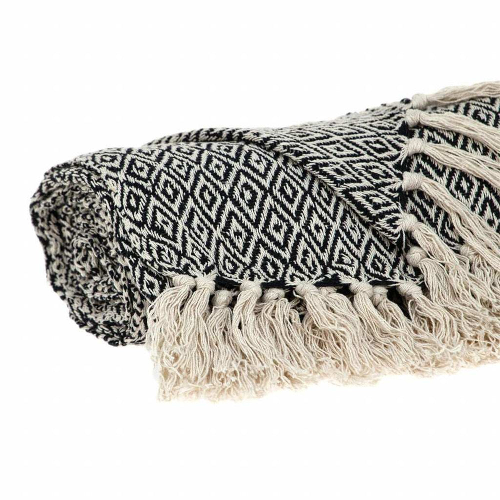 Boho Black and Beige Woven Diamond Pattern Throw with Tassels - Homeroots - Flyclothing LLC