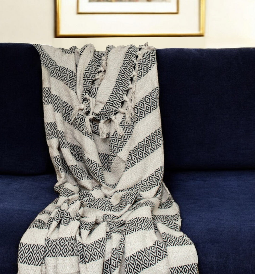 Black and Beige Diamond Weave Soft Cotton Handloom Throw - Homeroots
