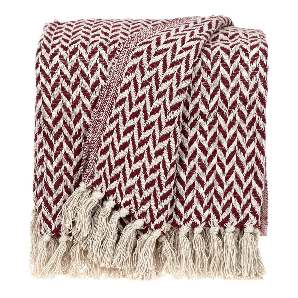 Burgundy Handloom Herringbone Weave with Tassels - Homeroots - Flyclothing LLC