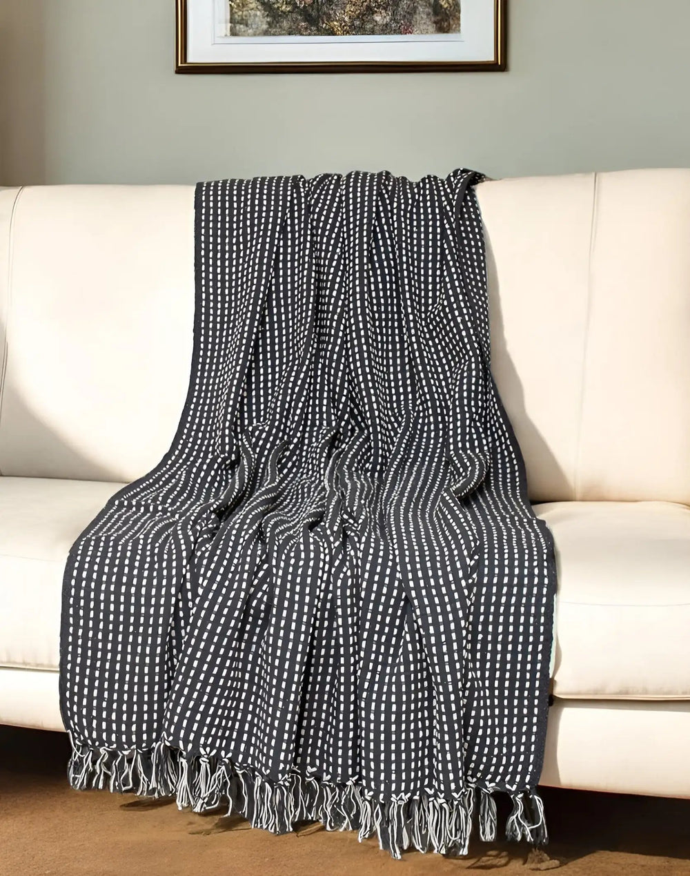 52" X 67" Black and White Woven Cotton Striped Throw Blanket with Tassels - Homeroots