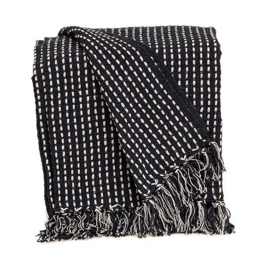 52" X 67" Black and White Woven Cotton Striped Throw Blanket with Tassels - Homeroots