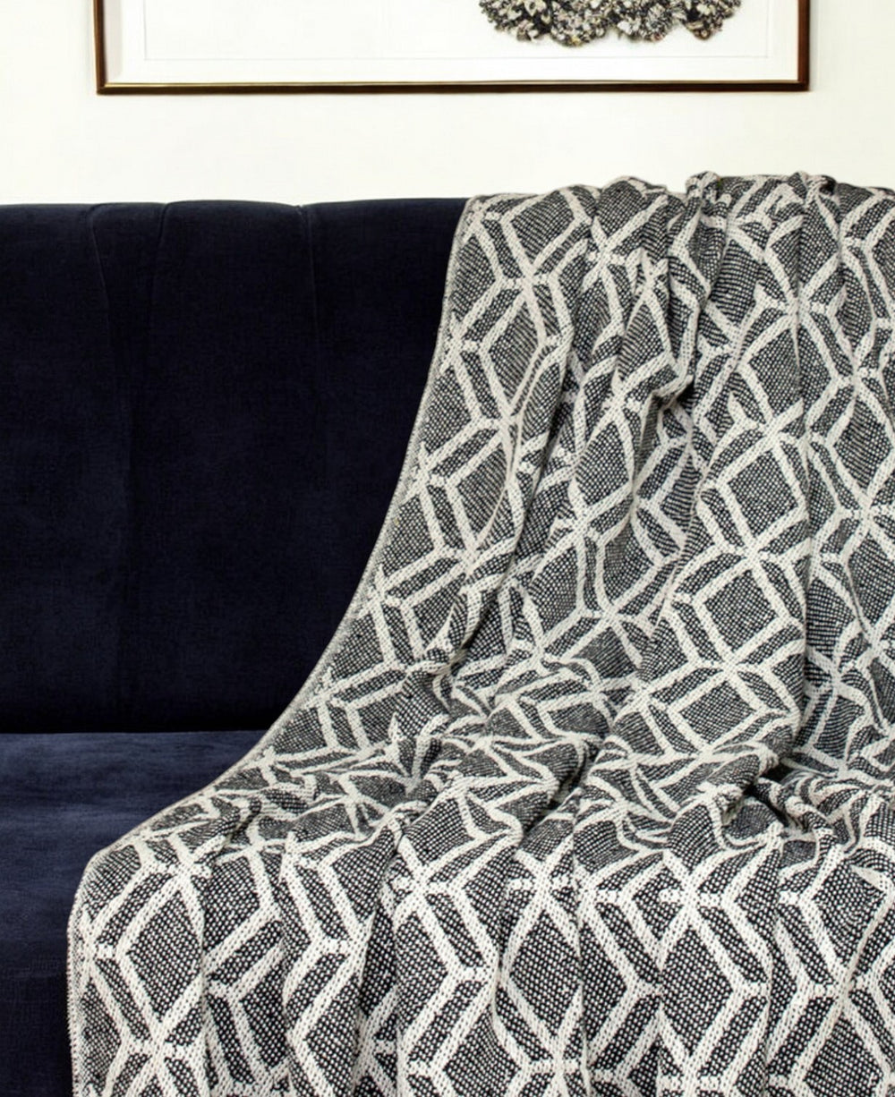 Grey and Beige Handloom Geometric Woven Throw Blanket - Homeroots