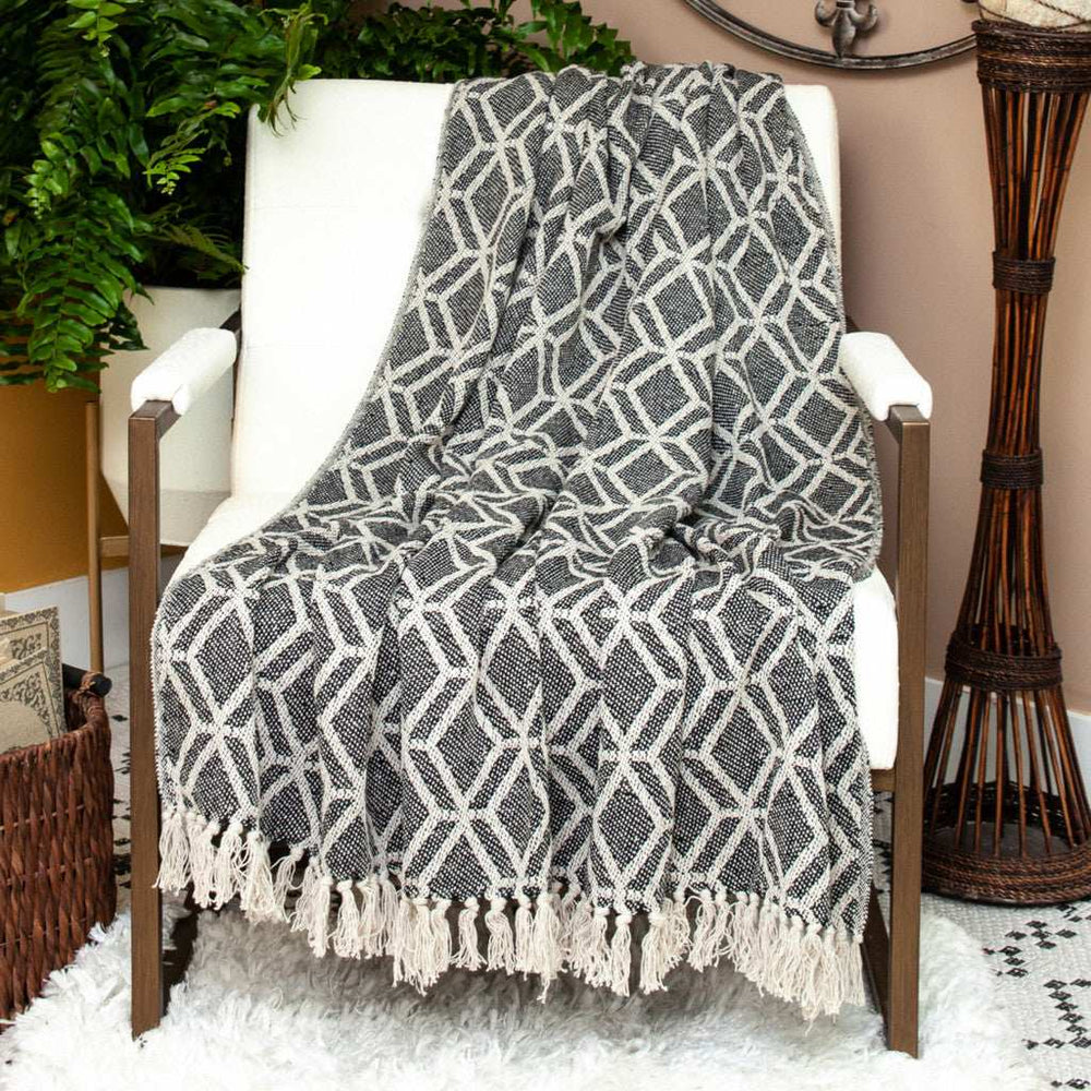 Grey and Beige Handloom Geometric Woven Throw Blanket - Homeroots - Flyclothing LLC
