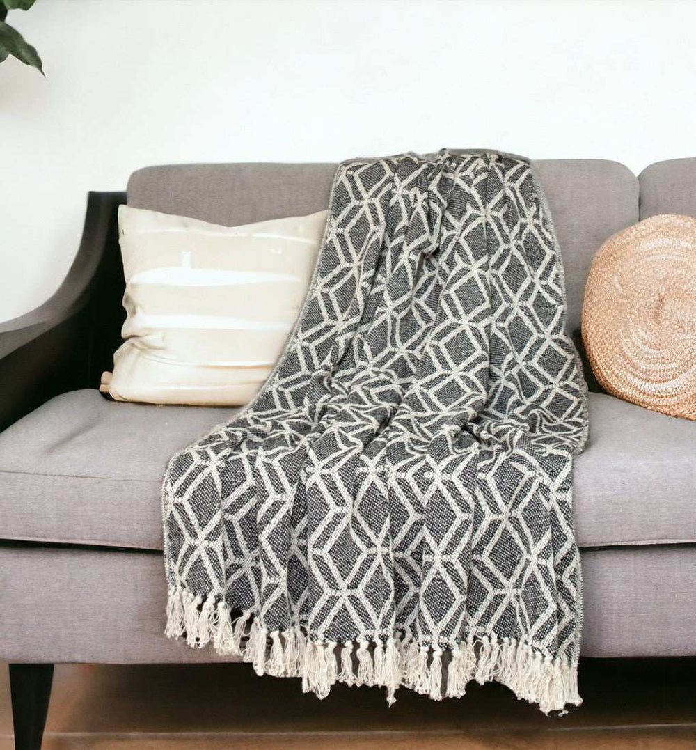 Grey and Beige Handloom Geometric Woven Throw Blanket - Homeroots - Flyclothing LLC