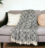 Grey and Beige Handloom Geometric Woven Throw Blanket