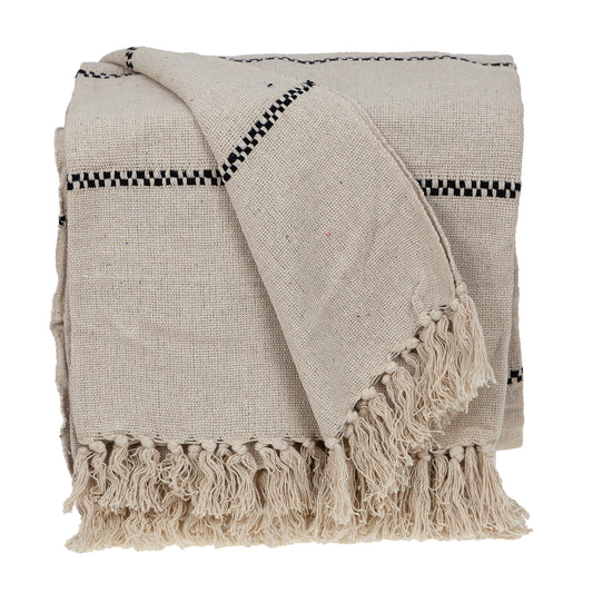 52" X 67" Beige and Black Woven Cotton Striped Throw Blanket with Tassels - Homeroots