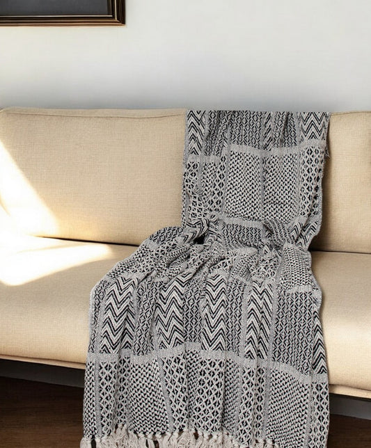 52" X 67" Beige and Black Quilted Cotton Abstract Throw Blanket - Homeroots