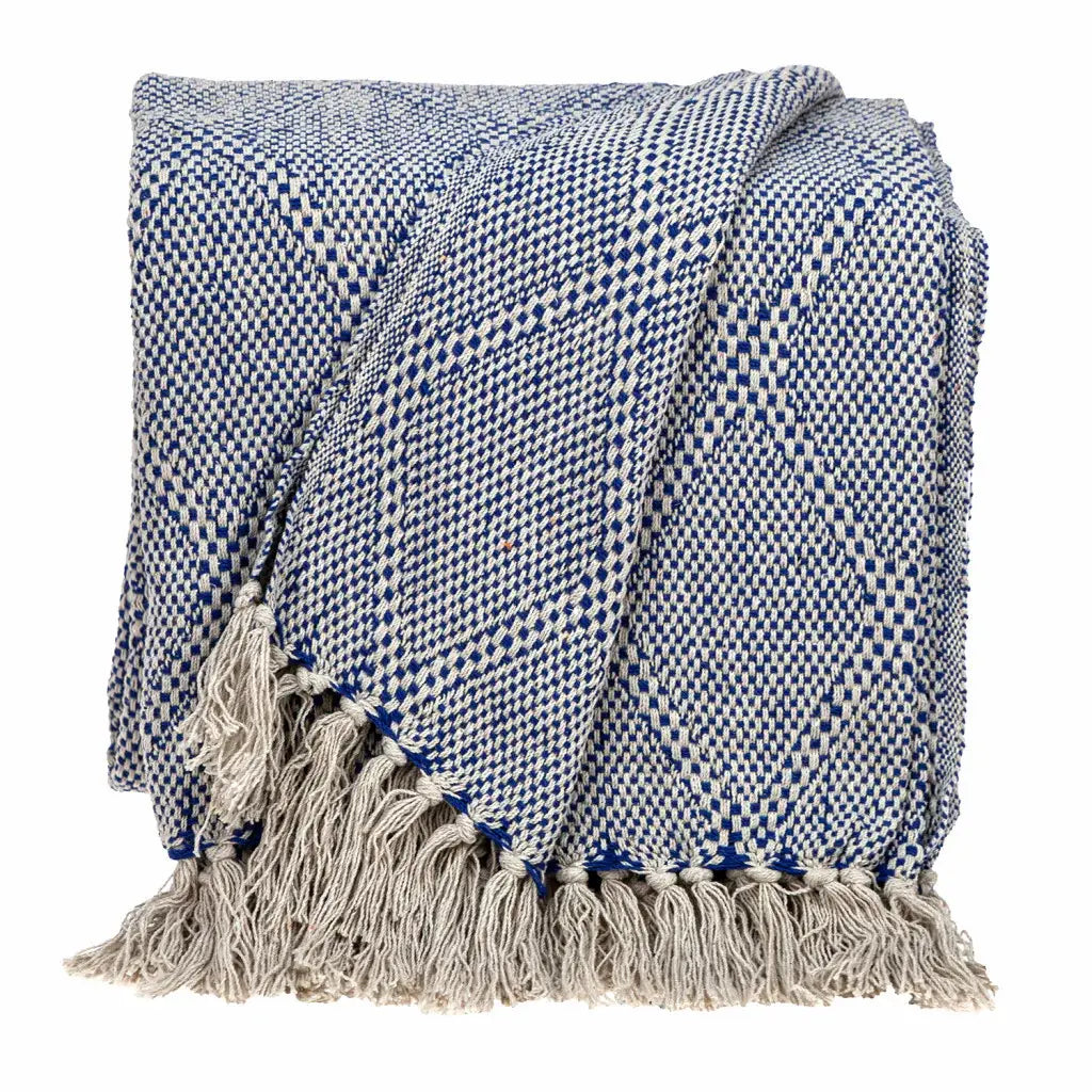 Blue and Beige Woven Handloom Throw with Tassels - Homeroots - Flyclothing LLC
