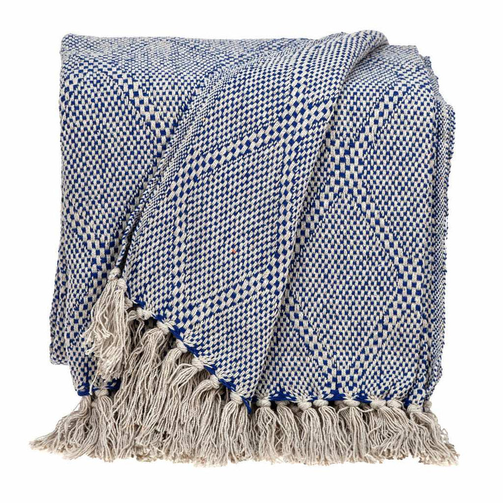 Blue and Beige Woven Handloom Throw with Tassels - Homeroots - Flyclothing LLC