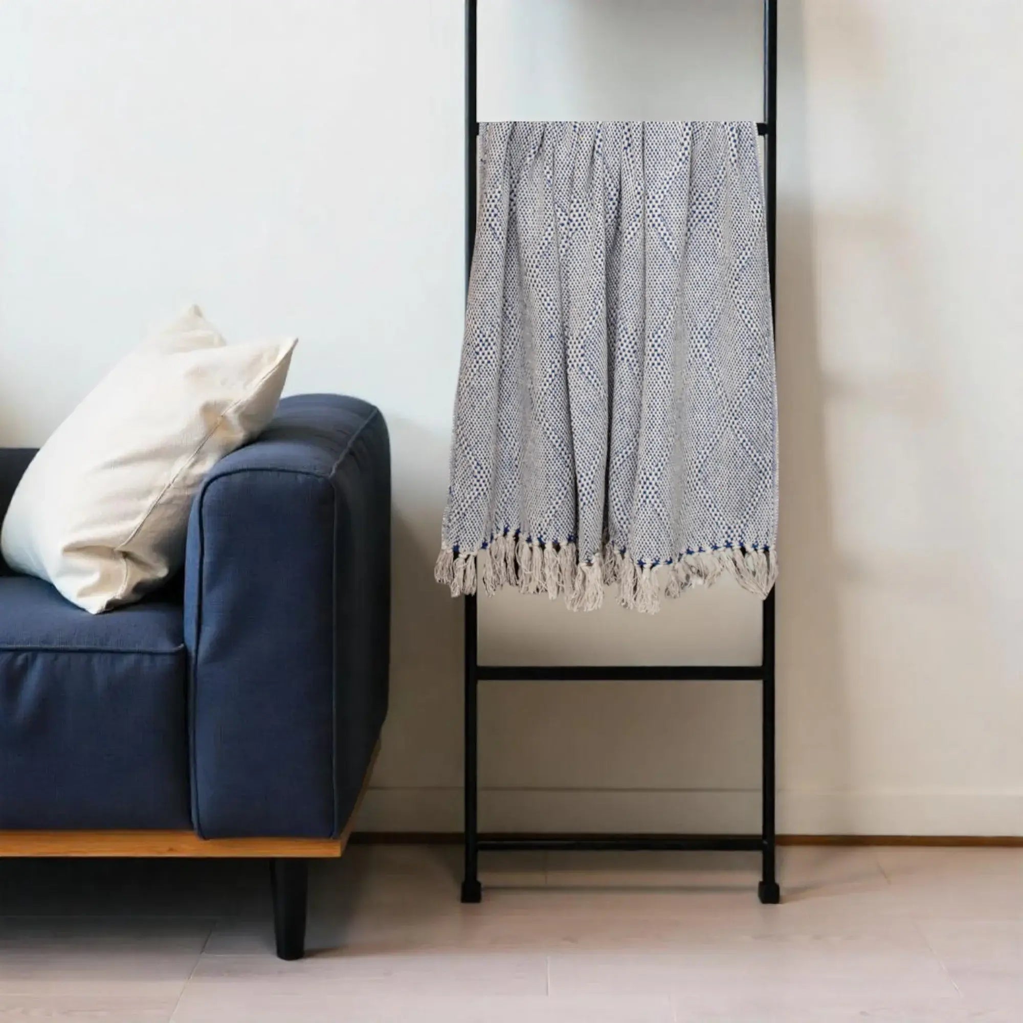 Blue and Beige Woven Handloom Throw with Tassels - Homeroots - Flyclothing LLC
