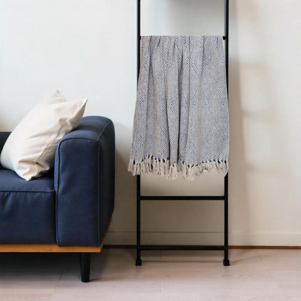 Blue and Beige Woven Handloom Throw with Tassels - Homeroots