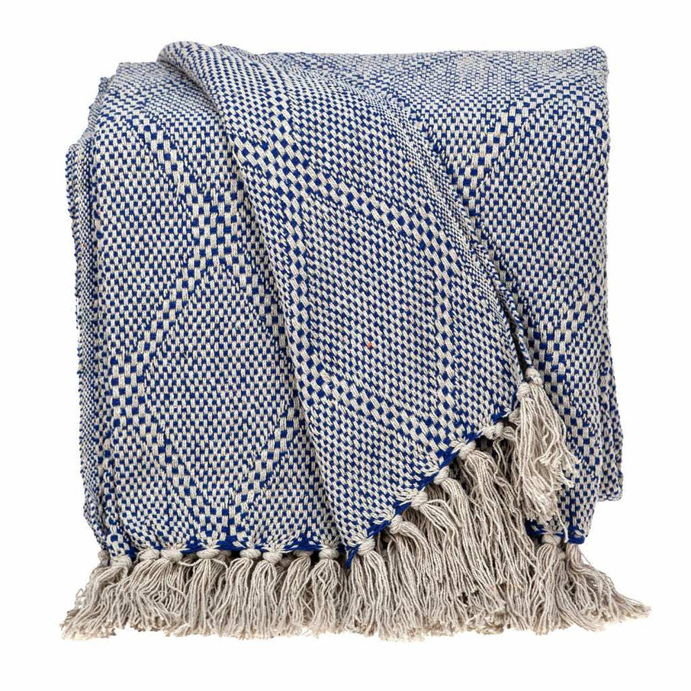 Blue and Beige Woven Handloom Throw with Tassels - Homeroots - Flyclothing LLC