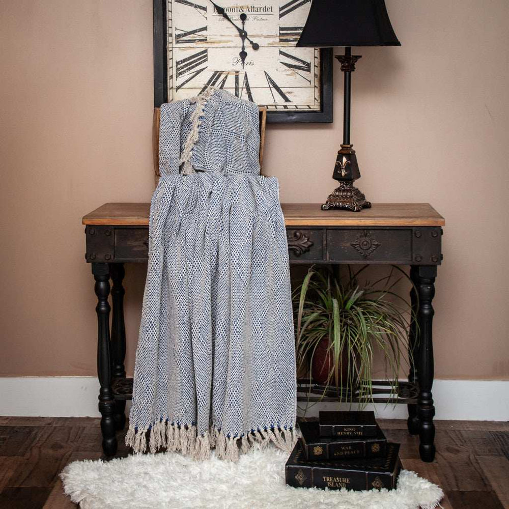 Blue and Beige Woven Handloom Throw with Tassels - Homeroots - Flyclothing LLC