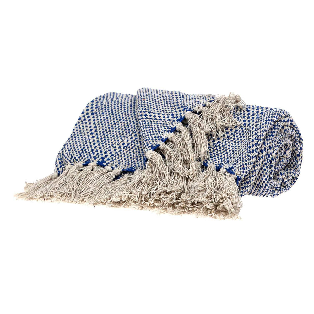Blue and Beige Woven Handloom Throw with Tassels - Homeroots - Flyclothing LLC