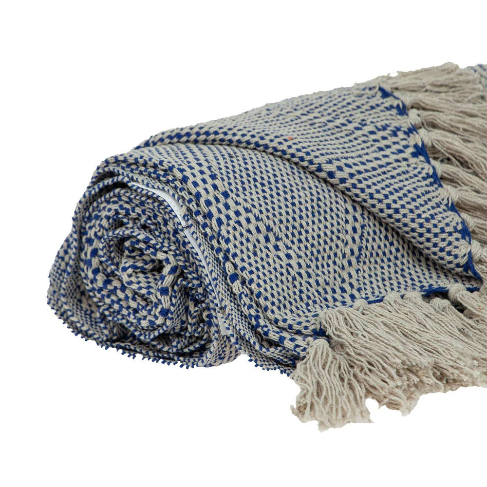Blue and Beige Woven Handloom Throw with Tassels - Homeroots - Flyclothing LLC