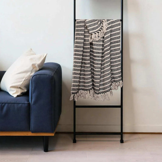 Black and Beige Striped Woven Handloom Throw Blanket - Homeroots - Flyclothing LLC