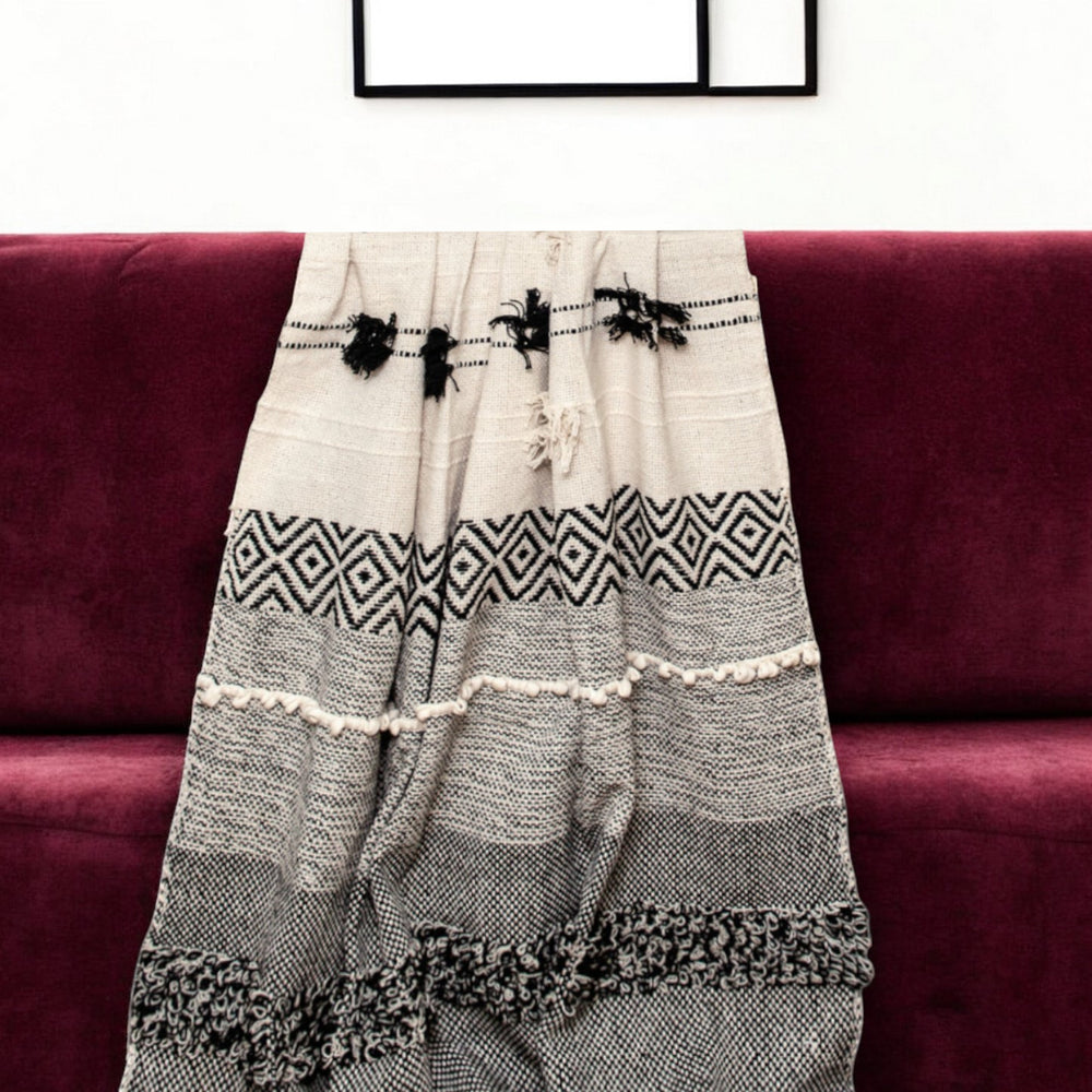 Boho Beige and Black Handloom Weave Throw with Decorative Tassels - Homeroots