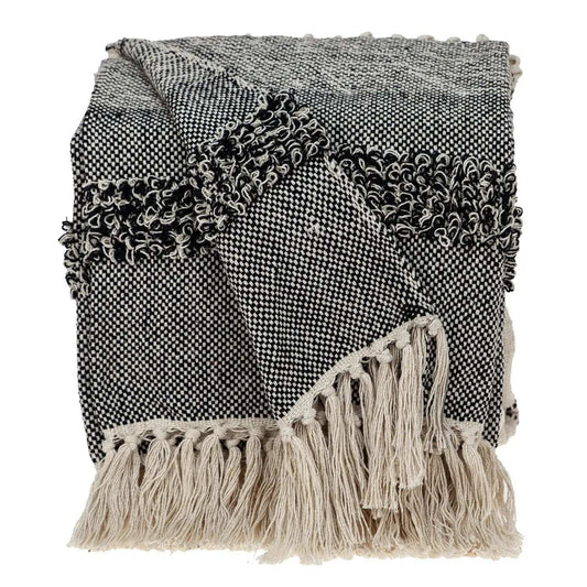 Boho Beige and Black Handloom Weave Throw with Decorative Tassels - Homeroots - Flyclothing LLC