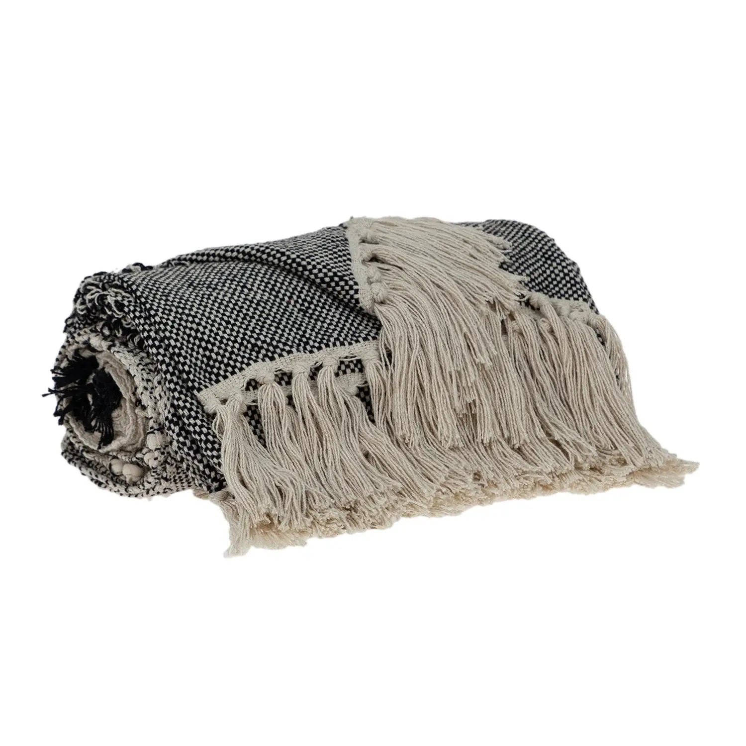 Boho Beige and Black Handloom Weave Throw with Decorative Tassels - Homeroots - Flyclothing LLC