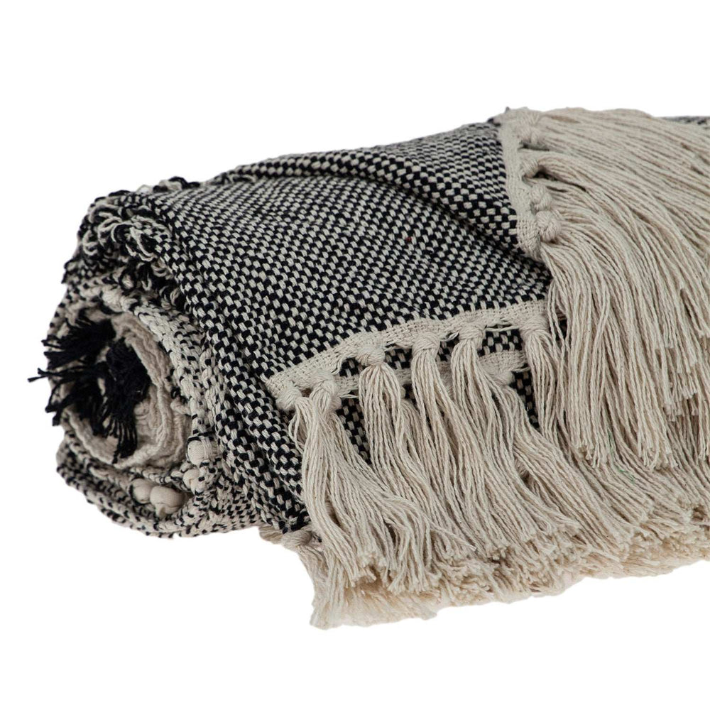 Boho Beige and Black Handloom Weave Throw with Decorative Tassels - Homeroots - Flyclothing LLC