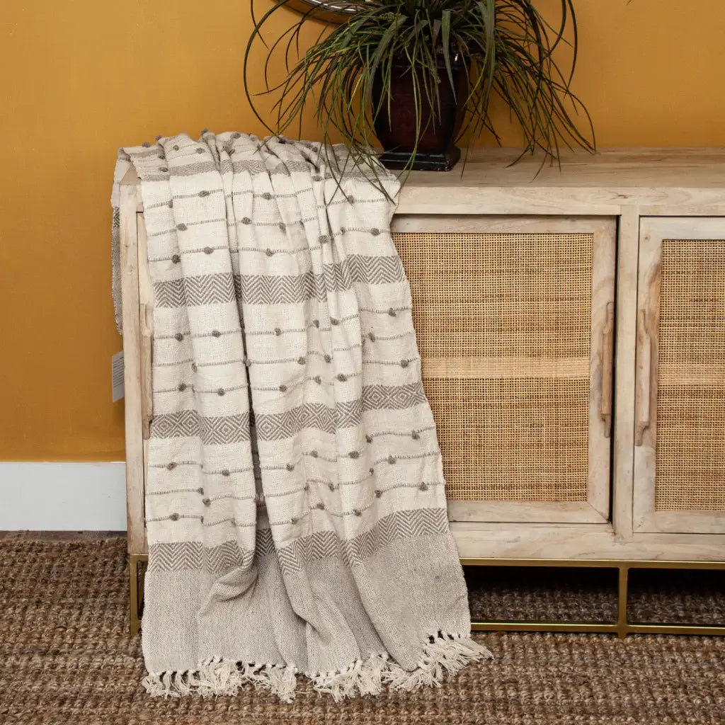 Tufted Beige Fringed Woven Handloom Throw - Homeroots - Flyclothing LLC