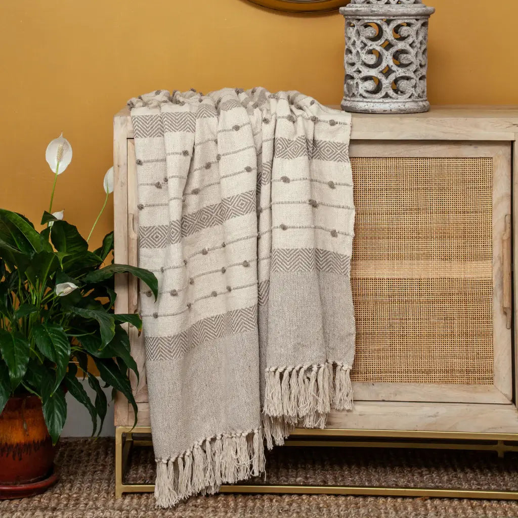 Tufted Beige Fringed Woven Handloom Throw - Homeroots - Flyclothing LLC