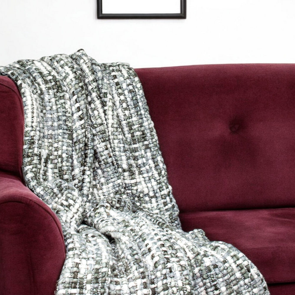 Green and White Knitted Cotton Blend Abstract Throw Blanket with Fringe - Homeroots