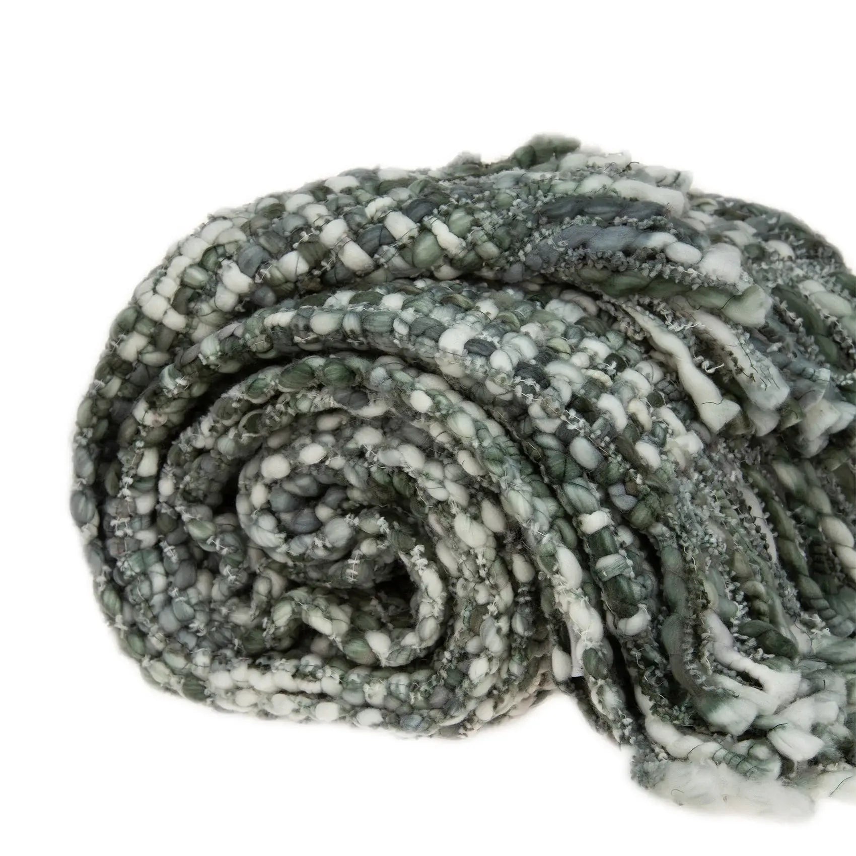 Green and White Knitted Cotton Blend Abstract Throw Blanket with Fringe - Homeroots - Flyclothing LLC