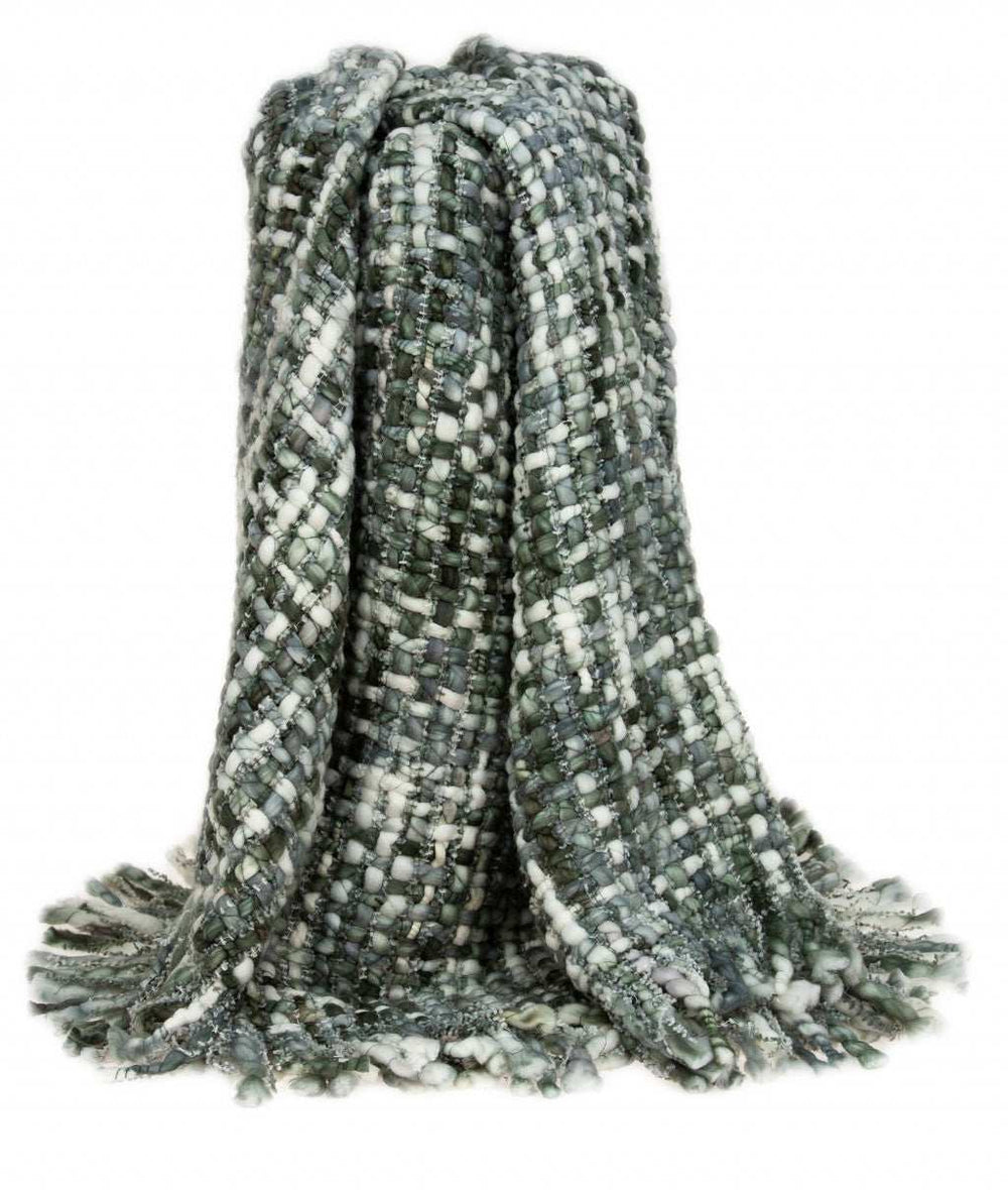 Green and White Knitted Cotton Blend Abstract Throw Blanket with Fringe - Homeroots - Flyclothing LLC