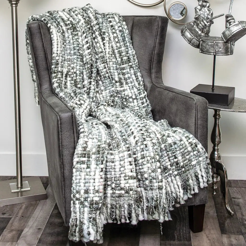 Green and White Knitted Cotton Blend Abstract Throw Blanket with Fringe - Homeroots - Flyclothing LLC
