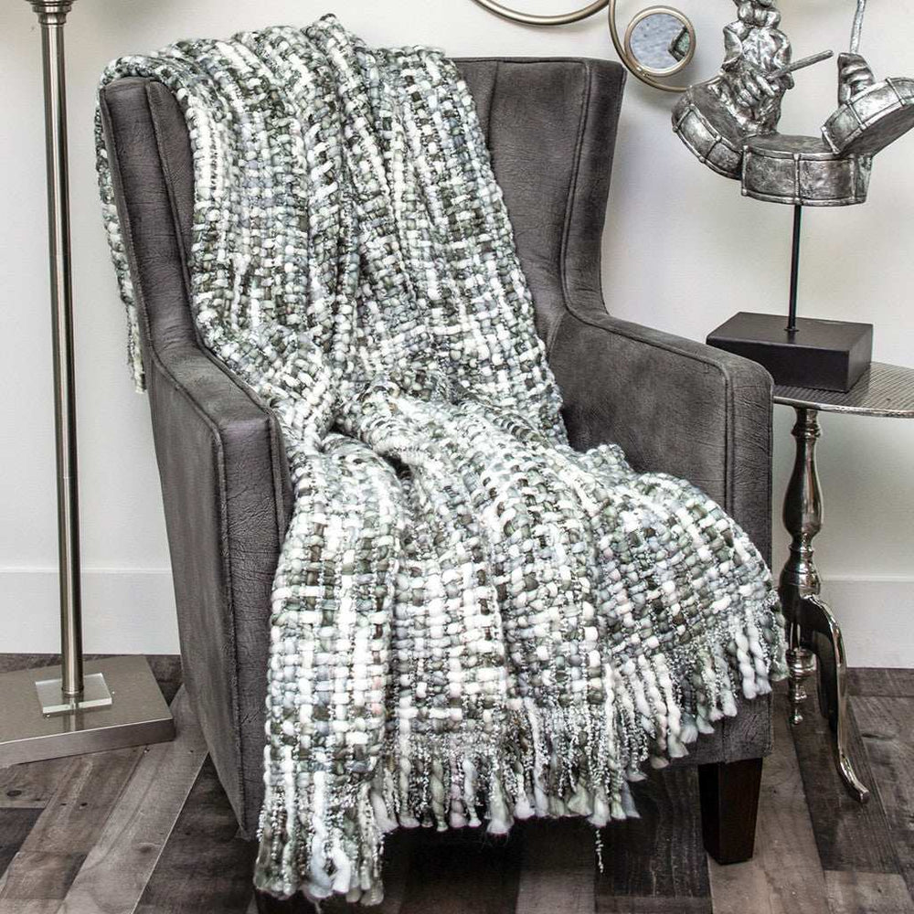 Green and White Knitted Cotton Blend Abstract Throw Blanket with Fringe - Homeroots - Flyclothing LLC