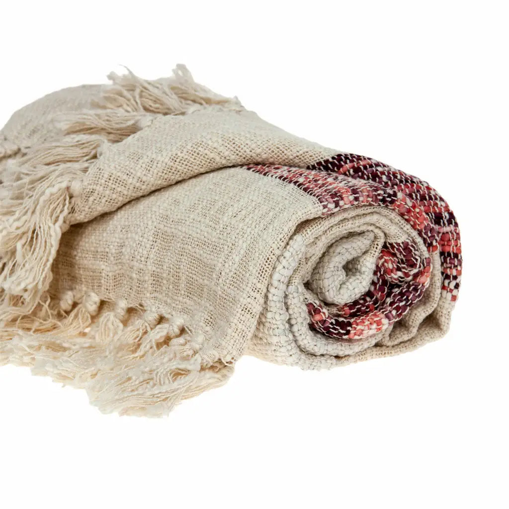 Beige and Shades of Pink Strips Woven Handloom Throw Blanket - Homeroots - Flyclothing LLC
