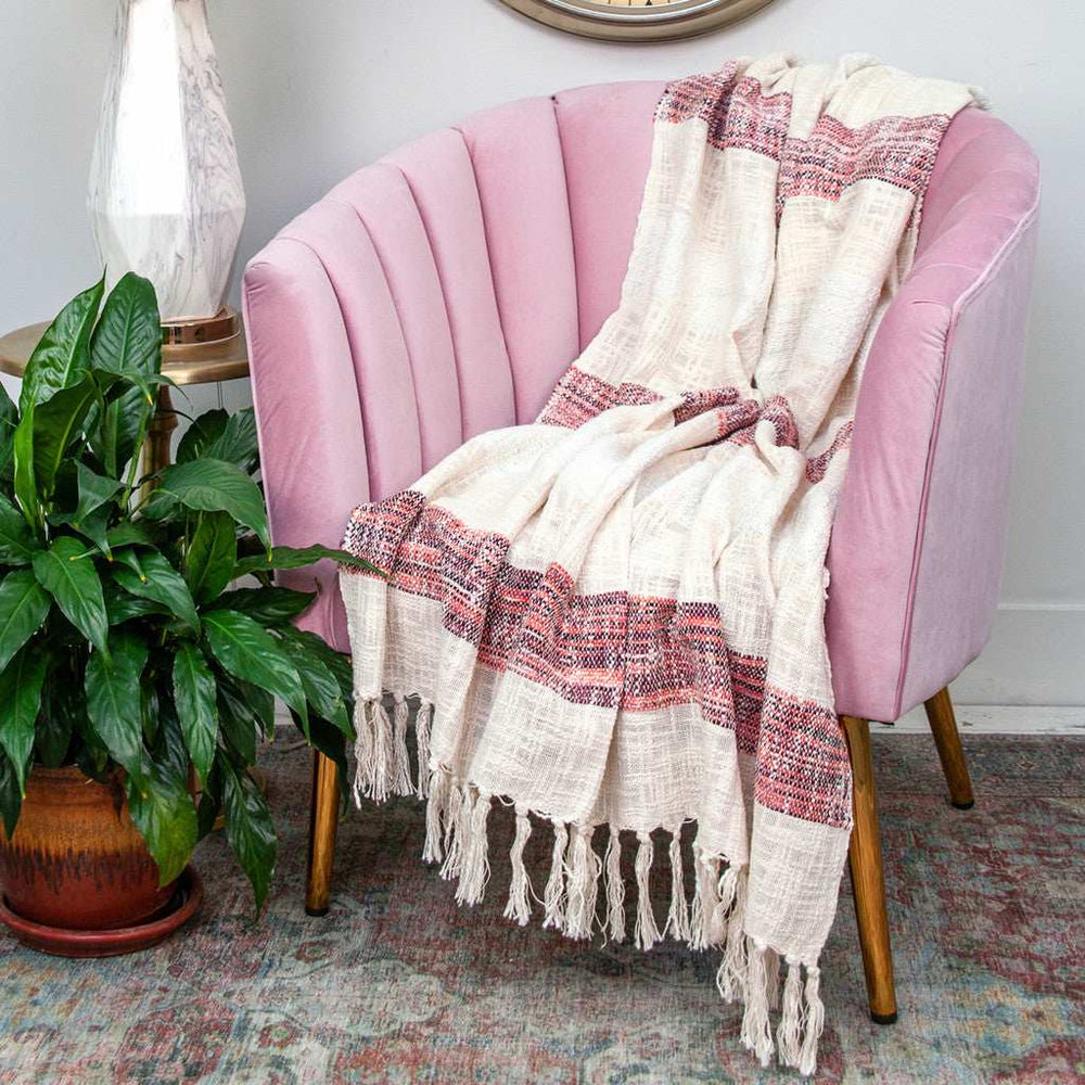 Beige and Shades of Pink Strips Woven Handloom Throw Blanket - Homeroots - Flyclothing LLC