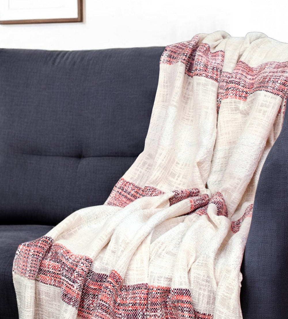 Beige and Shades of Pink Strips Woven Handloom Throw Blanket - Homeroots