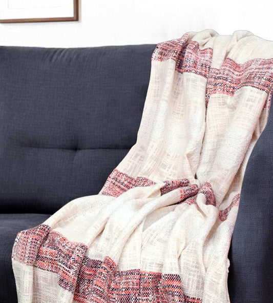 Beige and Shades of Pink Strips Woven Handloom Throw Blanket - Homeroots - Flyclothing LLC