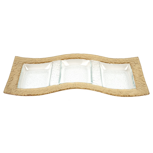 17" Clear And Gold Rectangular Glass Handmade Divided Serving Dish - Homeroots