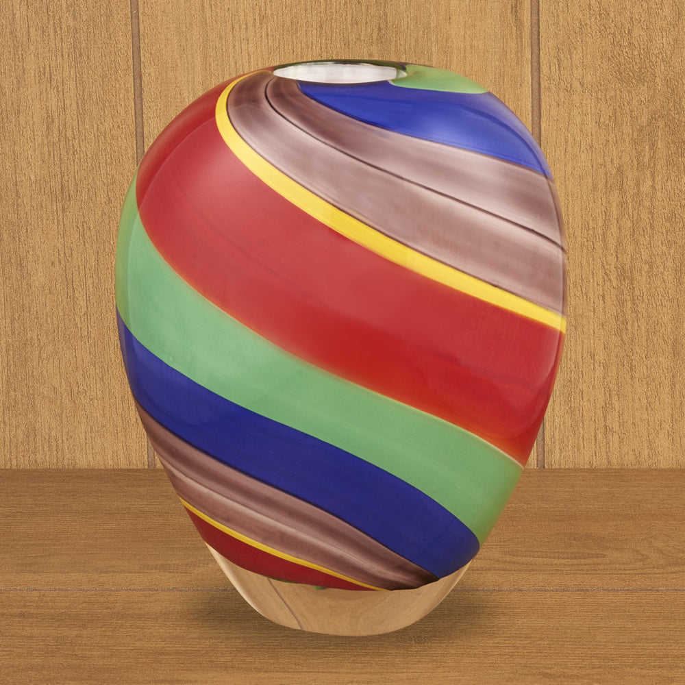 9" Red and Green Murano Glass Striped Round Table Vase - Homeroots