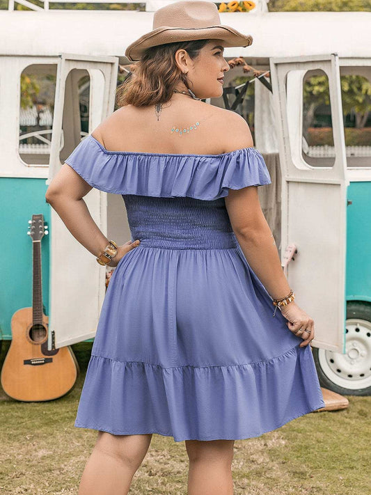 Plus Size Ruffled Smocked Off-Shoulder Mini Dress - Trendsi - Flyclothing LLC