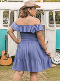 Plus Size Ruffled Smocked Off-Shoulder Mini Dress - Trendsi