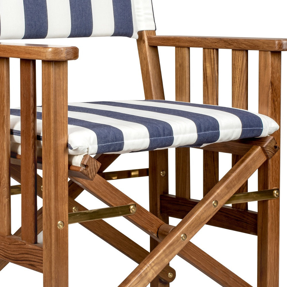 20" Blue and White and Natural Wood Solid Wood Indoor Outdoor Director Chair with Blue and White Cushion - Homeroots - Flyclothing LLC