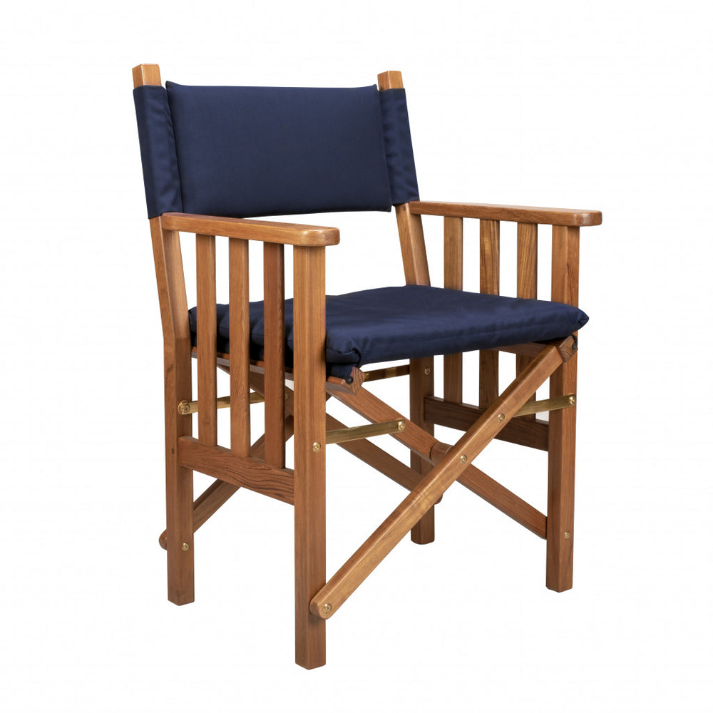 20" Navy Blue and Natural Wood Solid Wood Indoor Outdoor Director Chair with Navy Blue Cushion - Homeroots