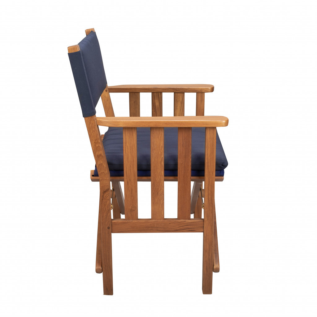 20" Navy Blue and Natural Wood Solid Wood Indoor Outdoor Director Chair with Navy Blue Cushion - Homeroots - Flyclothing LLC