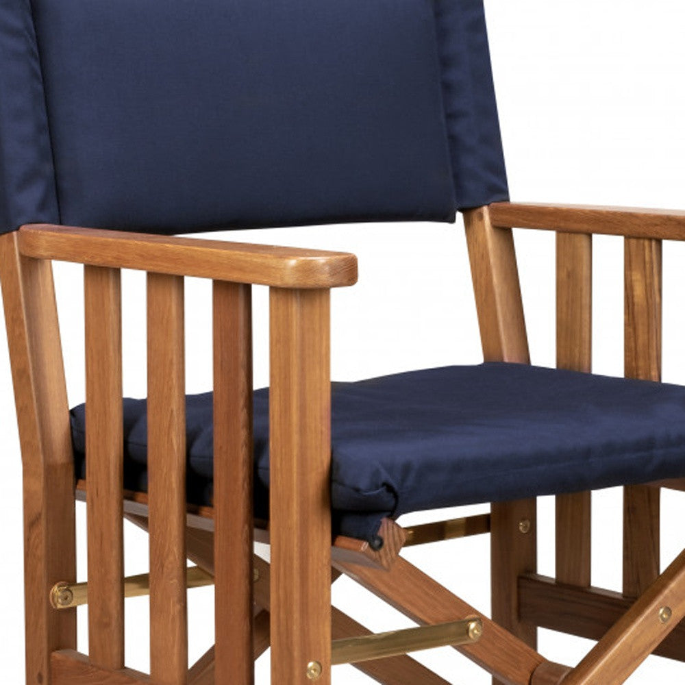 20" Navy Blue and Natural Wood Solid Wood Indoor Outdoor Director Chair with Navy Blue Cushion - Homeroots - Flyclothing LLC