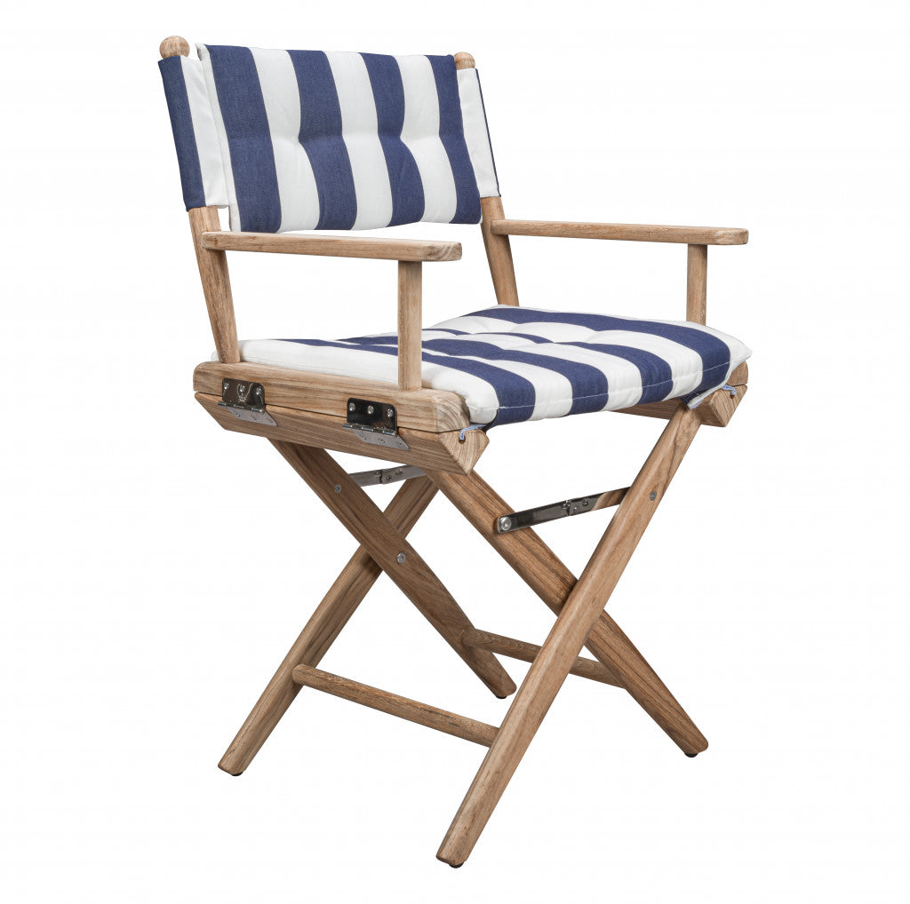 23" Blue and White and Natural Wood Solid Wood Indoor Outdoor Director Chair with Blue and White Cushion - Homeroots - Flyclothing LLC