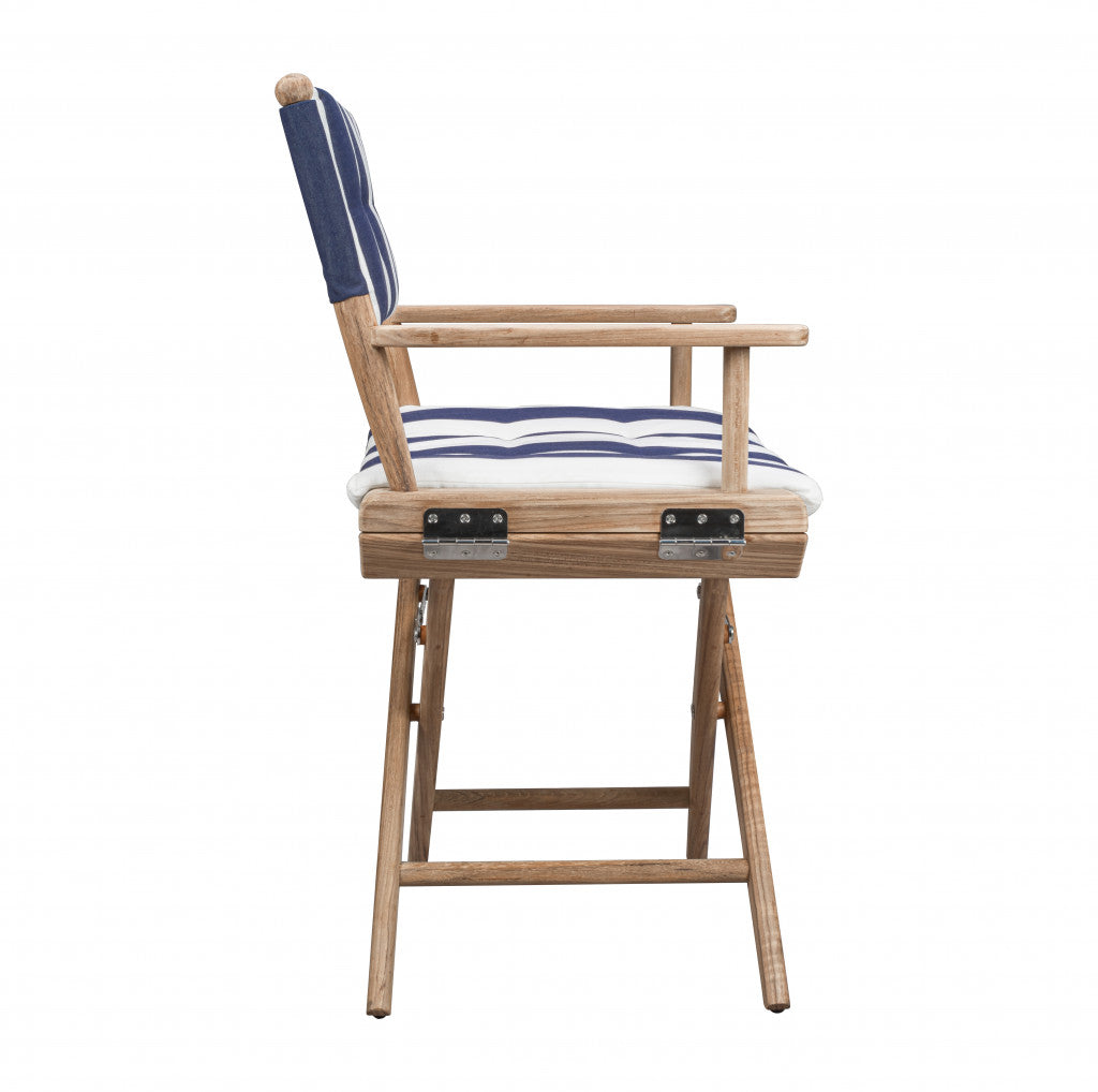 23" Blue and White and Natural Wood Solid Wood Indoor Outdoor Director Chair with Blue and White Cushion - Homeroots - Flyclothing LLC