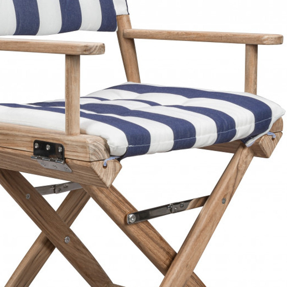 23" Blue and White and Natural Wood Solid Wood Indoor Outdoor Director Chair with Blue and White Cushion - Homeroots - Flyclothing LLC