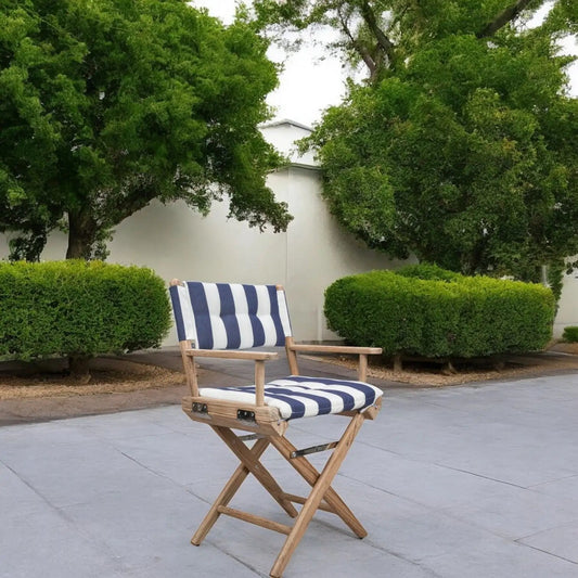23" Blue and White and Natural Wood Solid Wood Indoor Outdoor Director Chair with Blue and White Cushion - Homeroots