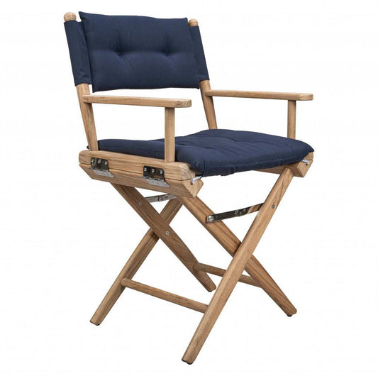 Navy Blue And Brown Solid Wood Director Chair With Navy Blue Cushion - Homeroots - Flyclothing LLC